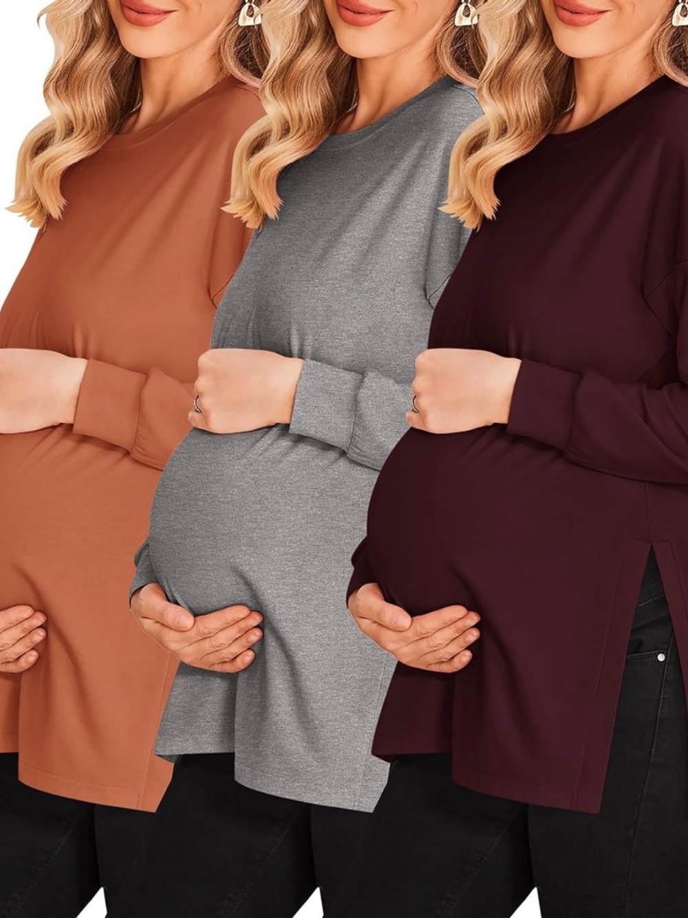 Maternity Long Sleeve Side-Slit Tunic Top - Orange, Gray, Burgundy